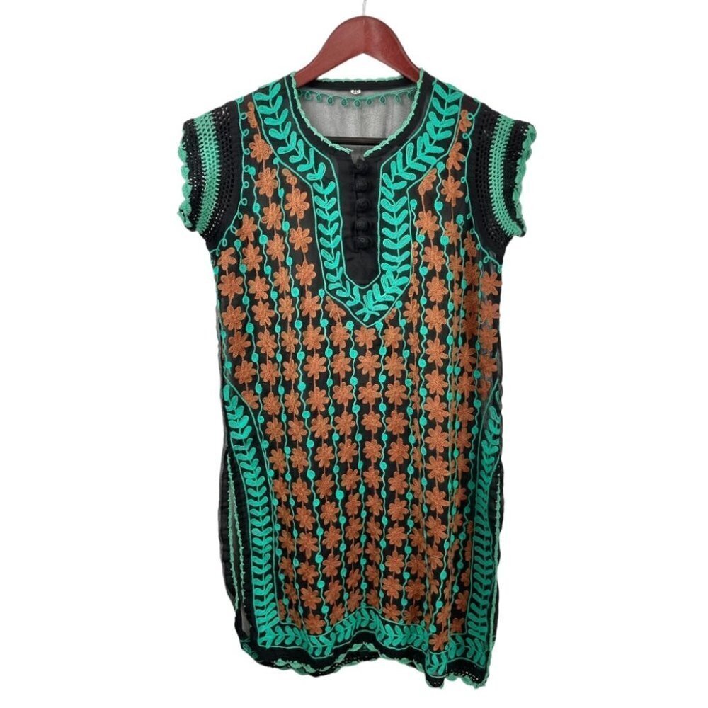 Crochet Yarn Embroidered Short Sleeved Beach Cover-Up in Green Brown and Black S